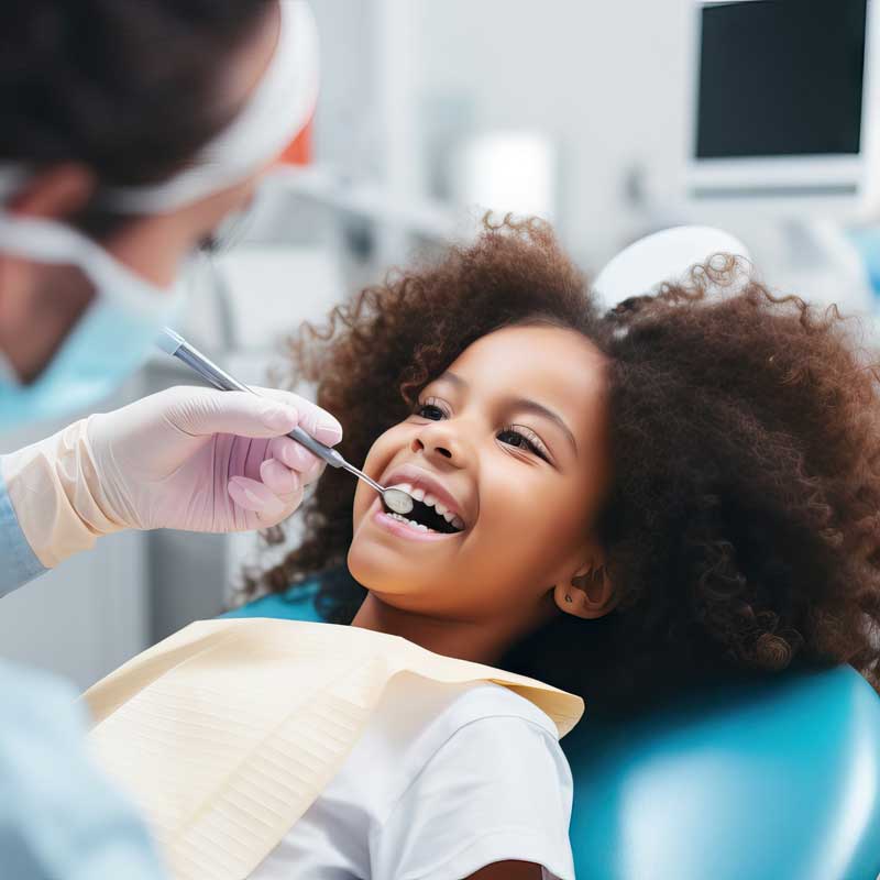 child in dental chair receiving care and smiling